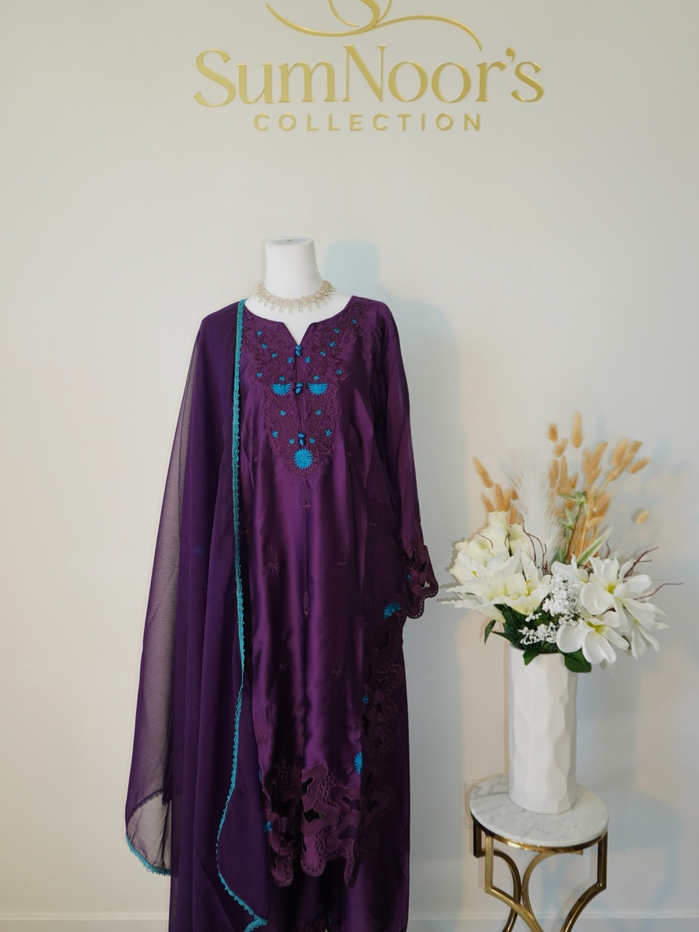 SumNoor's Purple Embroidered Formal Dress with Teal Accents